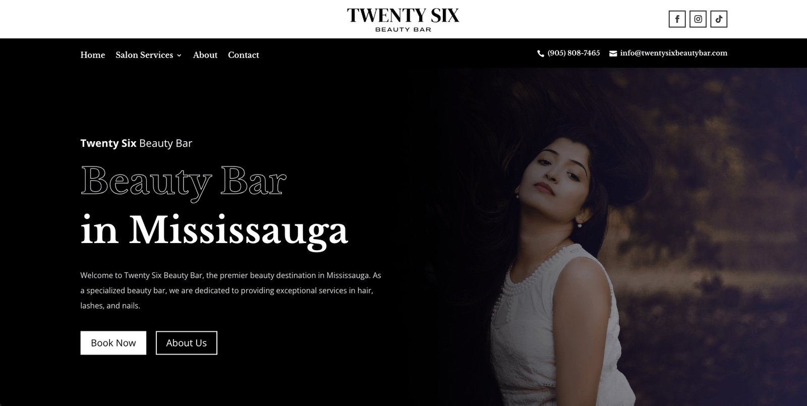 Twenty Six beauty bar home page screenshot